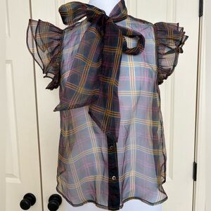 Current Air Sheer Plaid Top with Bow - Black, Yellow, purple from Anthropologie